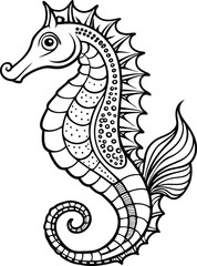 Seahorse t shirt design silhouette and vector line art, Detailed Line Art for Relaxation and Stress Relief, Ideal for Adult Coloring Books or Printable Art Therapy Projects