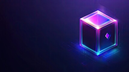 Luminous Digital Cube with Vibrant Neon Edges and Abstract Data Flow on Dark Background