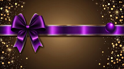 Luminous Purple Bow and Ribbon on a Festive, Sparkling Bronze Celebration Banner