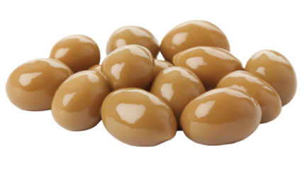 Shiny brown olives with smooth skins arranged on a clean white backgroun or transparent png 