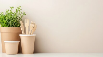 Eco friendly disposable tableware with potted green plant and copy space