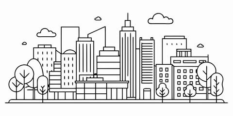 Line art cityscape with office buildings and trees, minimal black outline style, isolated on white background, clean vector illustration