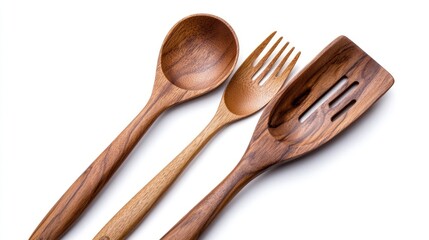 Wooden spoon fork and spatula kitchen utensils overhead view