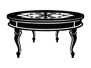 A round ornate wooden table in black and white