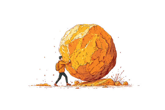 Man pushing a giant boulder uphill symbolizing strugle