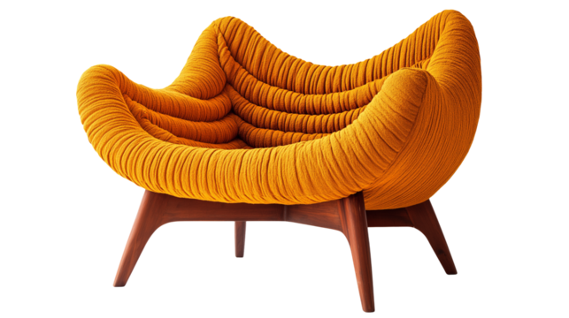 A modern wooden armchair with yellow cushioned seat and backrest, isolated on a white or transparent background.
