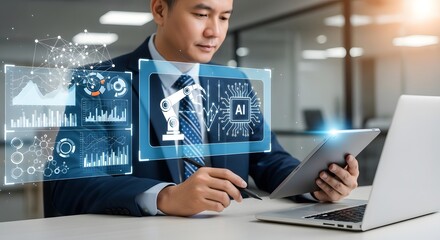 Businessman analyzing ai data with tablet and laptop for business intelligence insights today