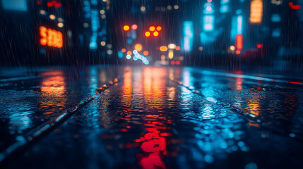 Fototapeta premium Vibrant city street glows with neon reflections on wet pavement during rain