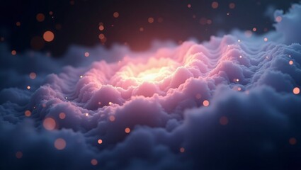 Obraz premium A dreamy celestial nebula made of soft, swirling clouds with a glowing golden center and sparkling lights.