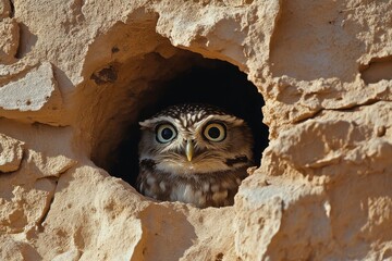 Little owl peeking from its hole in natural habitat during daylight, Three Little owl in natural habitat Athene noctua Close up