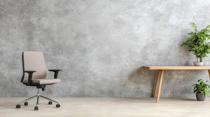 Office chair and desk against concrete wall interior background with plants