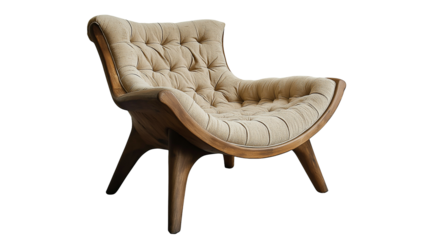 A modern wooden armchair with beige cushioned seat and backrest, isolated on a white or transparent png background.
