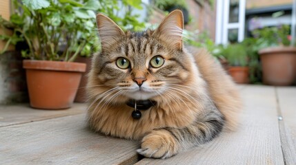 Fluffy tabby cat relaxing on wooden porch with green plants