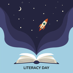 Literacy Day Concept with Open Book and Rocket