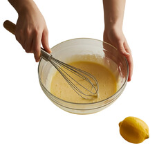 Mixing ingredients in glass bowl with whisk creating smooth batter for baking on a white background (2).png