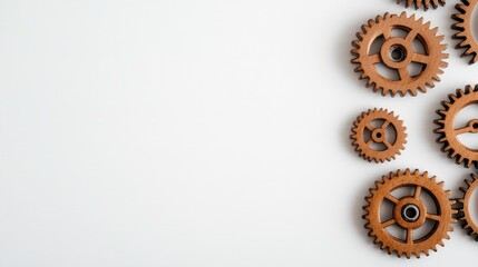 Wooden cogwheels gear system parts on white background with copy space