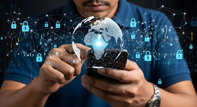 Cybersecurity global network protection using smartphone with digital lock technology