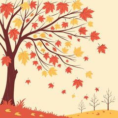 Illustration of a tree with red and yellow leaves falling in autumn on a light colored background