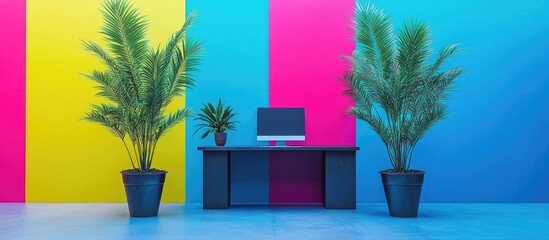 Vibrant room with colorful walls and tropical plants