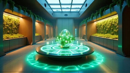 A glowing plant specimen grows inside a transparent egg in a futuristic biotechnology laboratory.