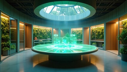 A futuristic circular room with a glowing holographic table surrounded by lush vertical gardens.