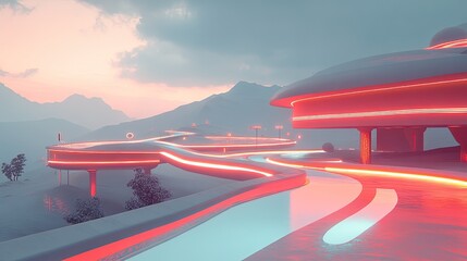 Crimson Neon Glow on a Serpentine Futuristic Structure in a Pastel Mountain Valley
