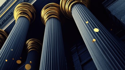 Dramatic Perspective of Golden-Crowned Columns, Architectural Elegance, Dark Aesthetic.
