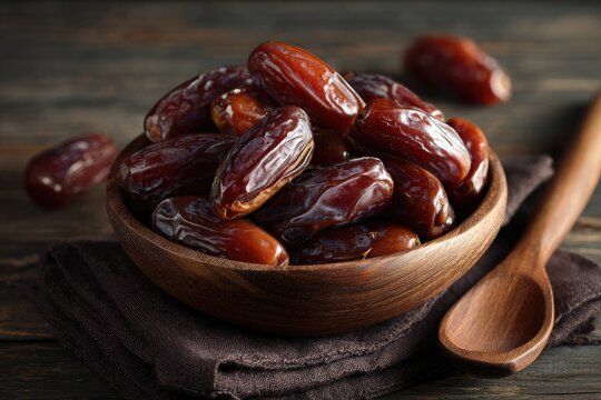 A rustic wooden bowl overflows with plump, dark brown dates, resting on a dark brown napkin beside a wooden spoon on a weathered wood surface