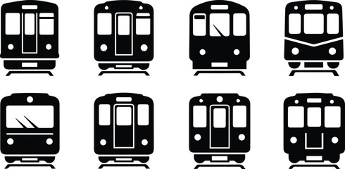  collection of train front view icons representing subway, metro, and urban transportation isolated on white background for graphic design purposes