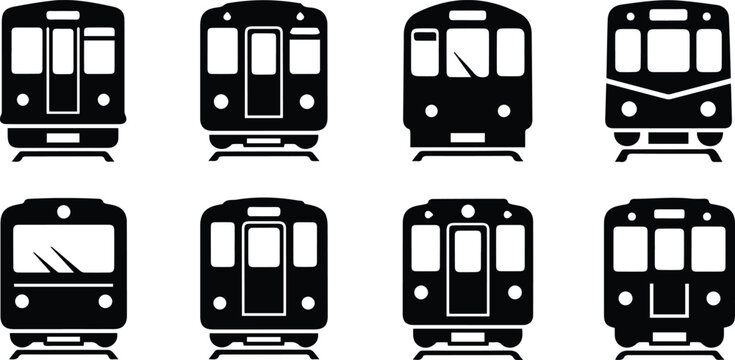  collection of train front view icons representing subway, metro, and urban transportation isolated on white background for graphic design purposes