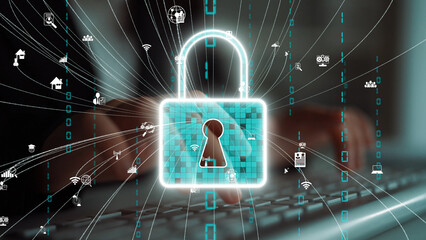 This image features a glowing padlock symbol representing digital security and data protection amidst a backdrop of binary code and various technology icons. Xenic