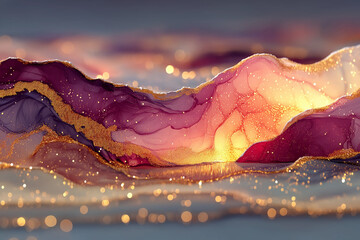 Abstract dreamy landscape with glowing particles in vibrant gold, purple and magenta