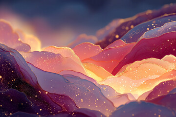 Abstract dreamy landscape with glowing particles in vibrant gold, purple and magenta