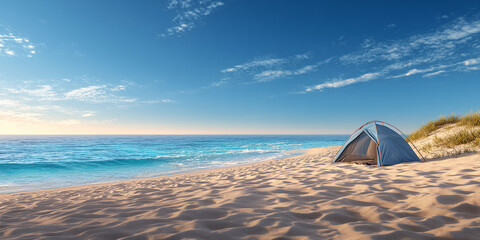Peaceful Beach Camping Panorama with Tent and Ocean View