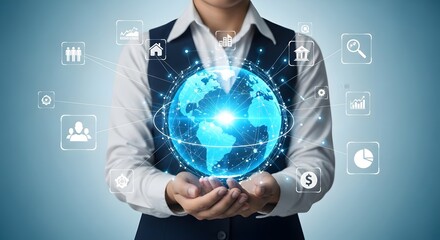 Global business network technology concept with digital world and data connection icons around