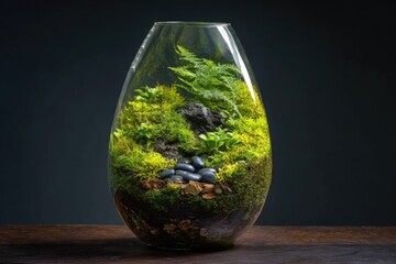 A teardrop-shaped glass terrarium showcases a miniature landscape of lush moss, ferns, small plants, dark stones, and soil, all set against a dark background