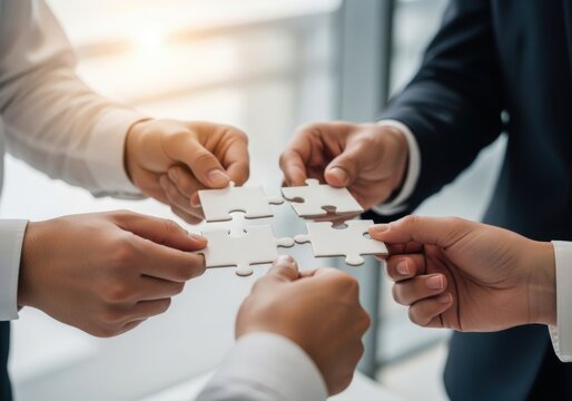 Business Collaboration Concept with Team Members Connecting Puzzle Pieces Showing Unity and Partnership for Achieving Common Goals and Success