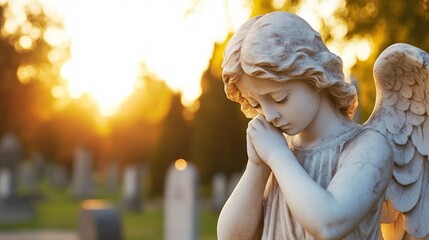 Angel statue in sunlight garden of remembrance sculpture with wings and stone texture