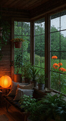 Cozy Rainy Day Greenhouse: Serene Window Seat with Plants and Soft Lighting