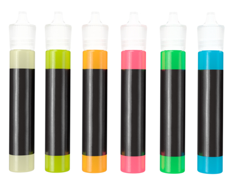 Close-up image of 3D fabric paint bottles with various interchangeable nozzle tips arranged on a white background. Ideal for showcasing DIY craft tools, textile decoration materials, and art supply se