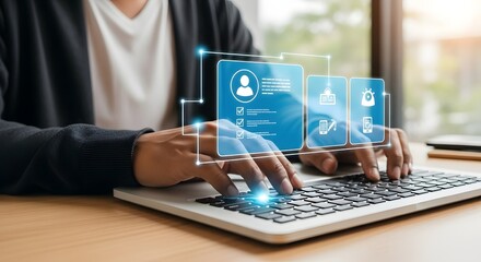 Man using laptop for digital profile management and data security online interface concept