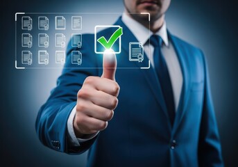 Man in blue suit gives thumbs up touching digital checklist with green checkmark image