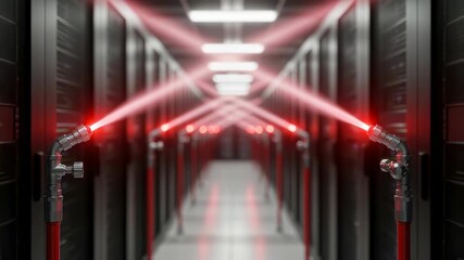 Red light beams moving through a server room with network racks, illustrating data transfer and cybersecurity. - Powered by Adobe