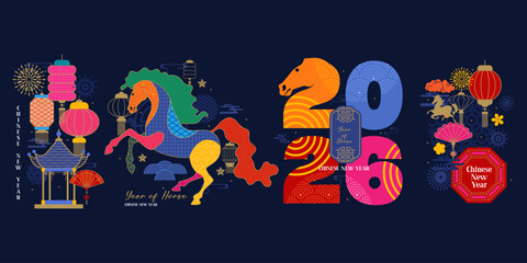 set of modern design for year of horse 2026, flat design concept