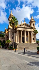 Ancient church facade, steps, palm trees