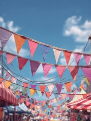 colorful bunting flags and decorations at a lively summer street festival under blue sky