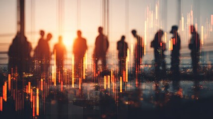 stock market business and trading concept with digital screen with financial chart graphs and candlestick and group of people in office at sunset double exposure no logos no brands ar 169