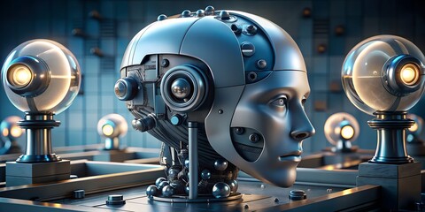 Futuristic robot head technology artificial intelligence machine learning concept design innovation 3d render