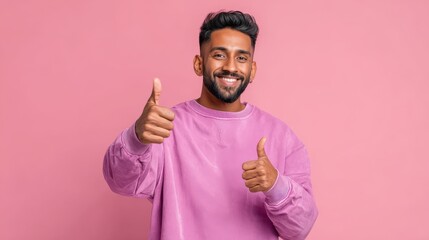 young indian man wearing purple sweatshirt standing over isolated pink background success sign doing positive gesture with hand thumbs up smiling and happy cheerful expression and winner gesture no l