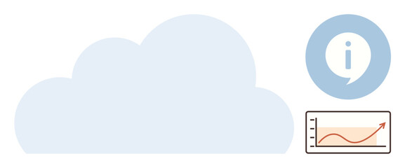 Cloud graphic beside circular info icon and upward trend chart. Ideal for technology, data analysis, cloud storage, business growth, online solutions, digital trends, innovation. Simple flat metaphor